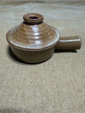 Handmade Speckled Stoneware Lidded Pot with Side Handle - Neutral Tan